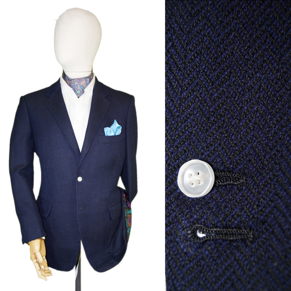 HANDMADE 40R NAVY BLUE HERRINGBONE CASHMERE BLAZER
